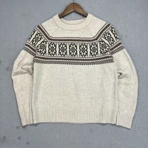 Toad&Co Womens Medium Wool Blend Fair Isle Yoke Crewneck Sweater Oatmeal Cream